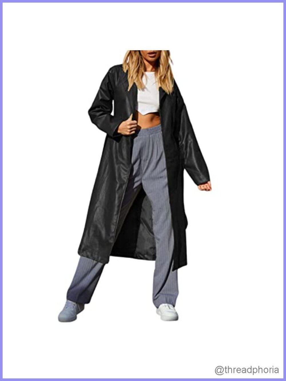 Faux Leather Long Trench Coat with Belt